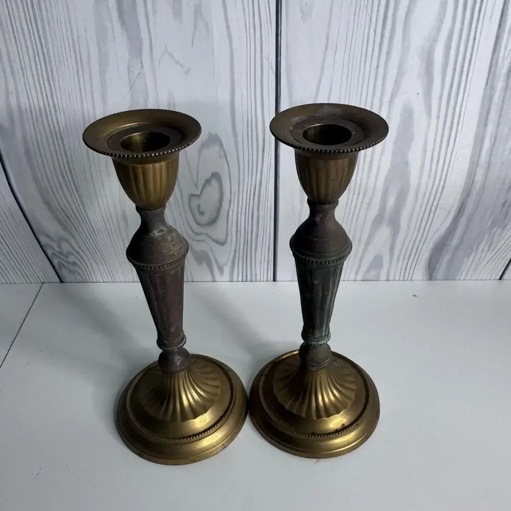 Set of 2 Vintage Brass Candlestick Holders Matching Pair Patina 8”